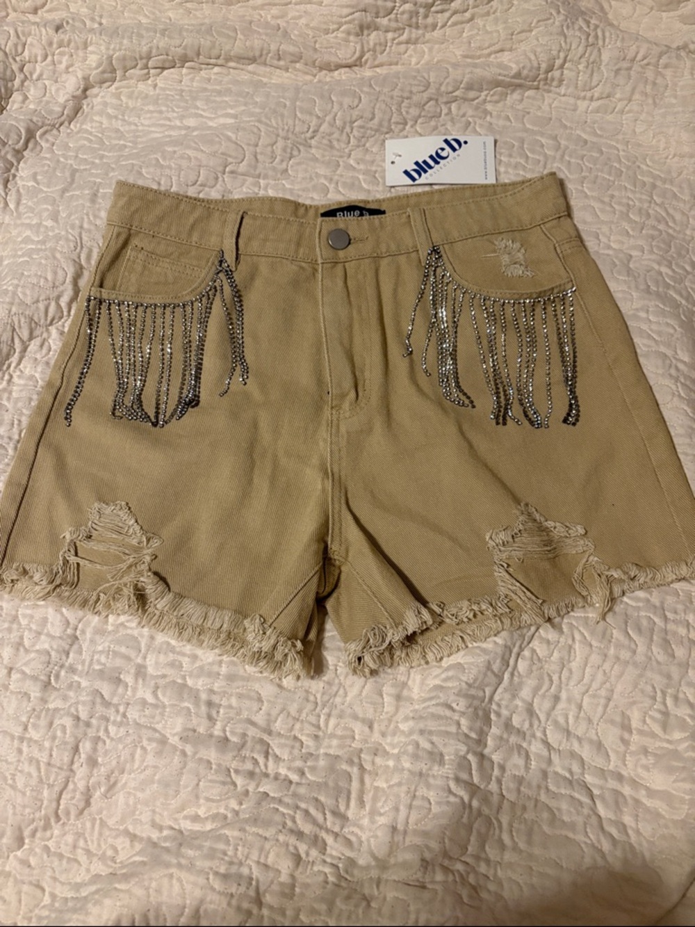 BLUe.B Tan High-Rise Jean Shorts with Rhinestone Fringe Detail - Picture 2 of 4